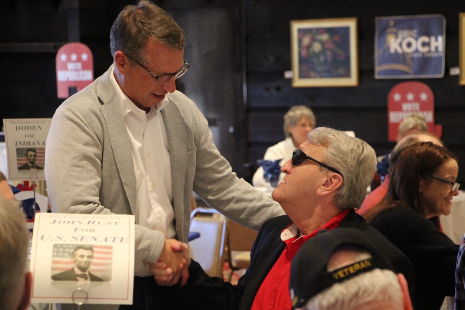 GOP candidate Eric Doden shakes hands with a voter at a Brown County event. The gubernatorial candidate has focused on small towns, zero-cost adoption and more over his three-year campaign. (Photo courtesy of Doden campaign)
